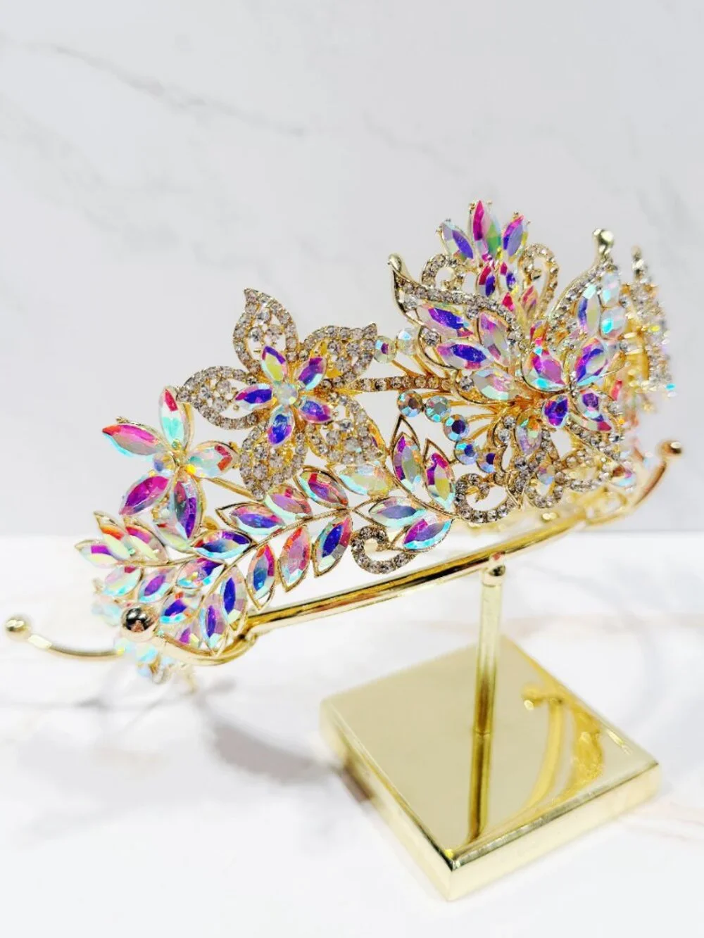 AB Crystal Butterfly Tiara Crown Gold Tone Pageant Prom Wedding Headpiece
